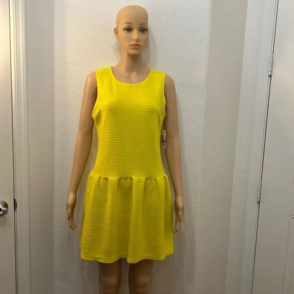 Bar 111 Dress Sz Large Yellow Scoop Neck Sleeveless Mini Ribbed Drop Waist New